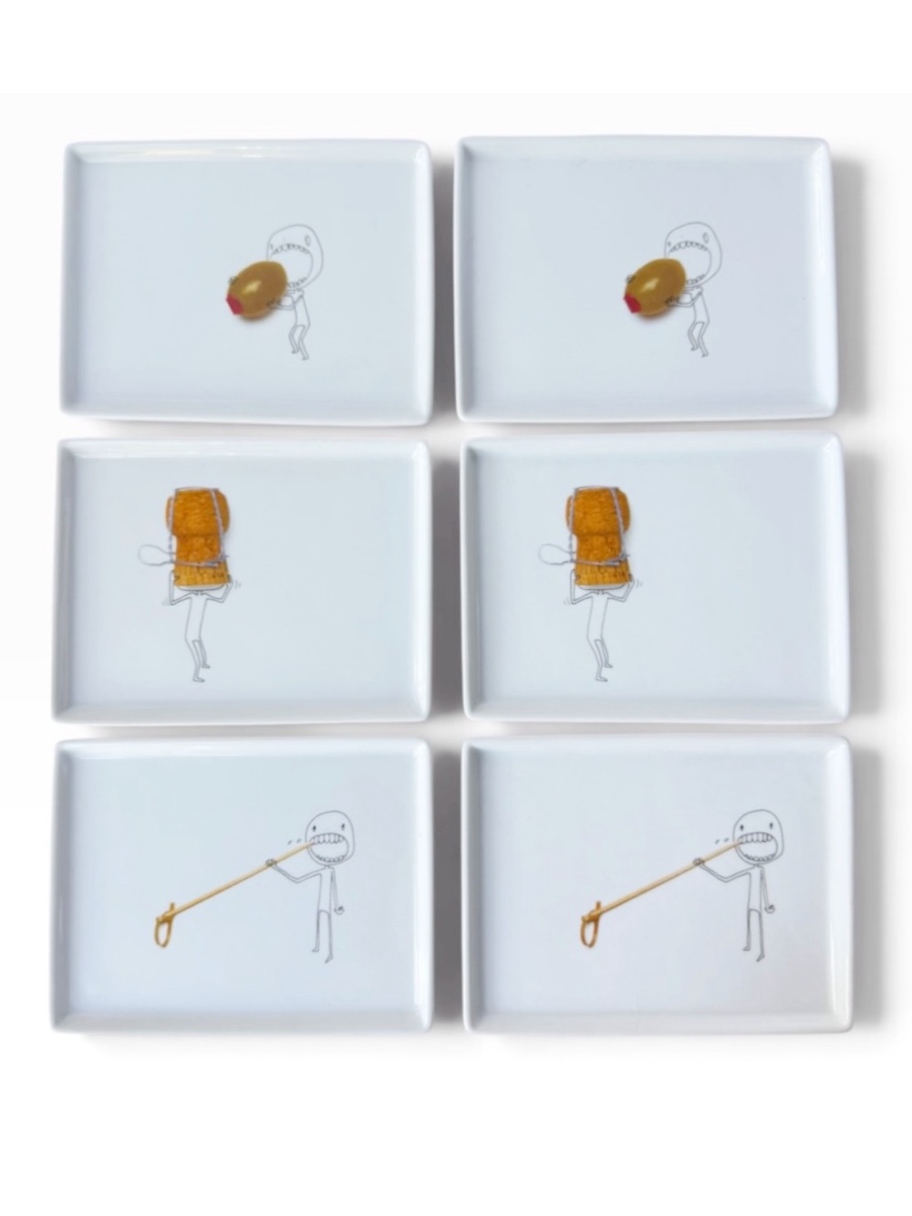 Crate & Barrel CB2 2009 Set of 6 Oliver Appetizer Plates Toothpick Olive Cork